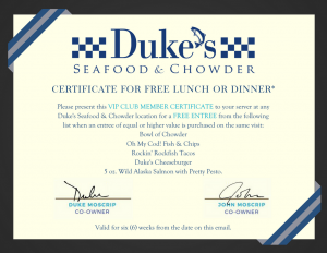 Duke's seafood welcome reward certificate