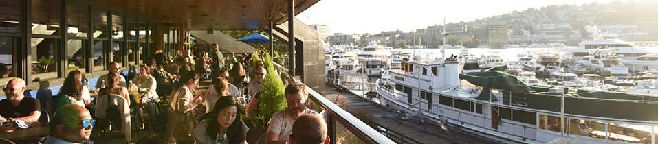 Duke's Seafood Lake Union restaurant outside dining with lake view
