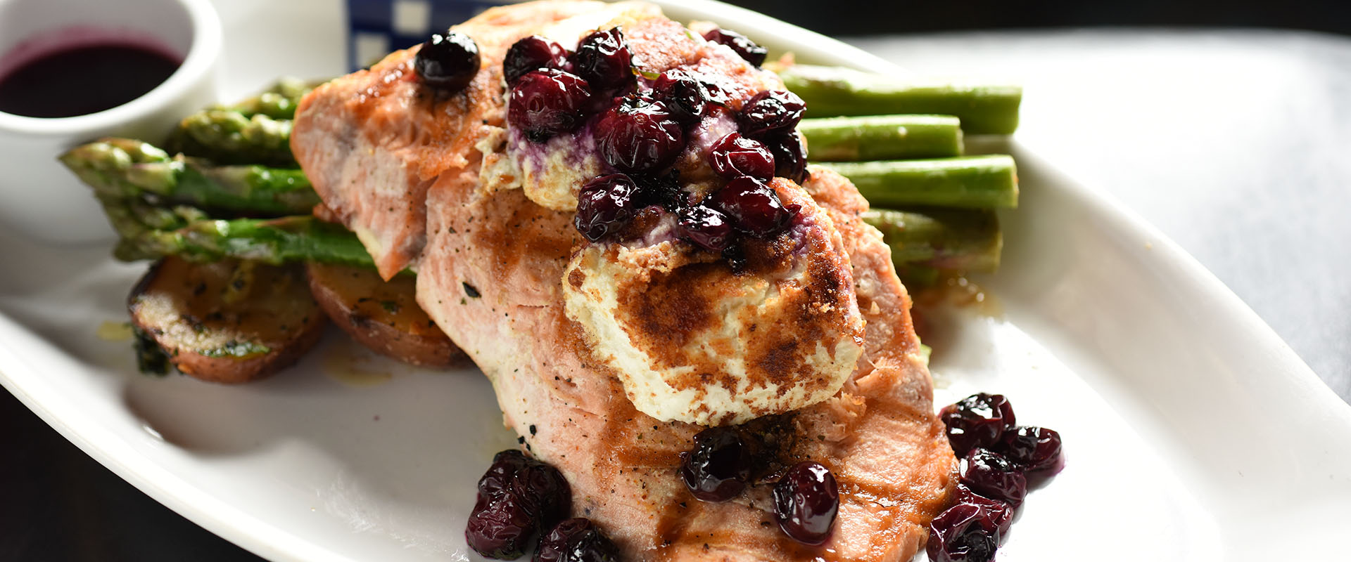 Duke's Seafood Salmon with Cherries and Asparagus